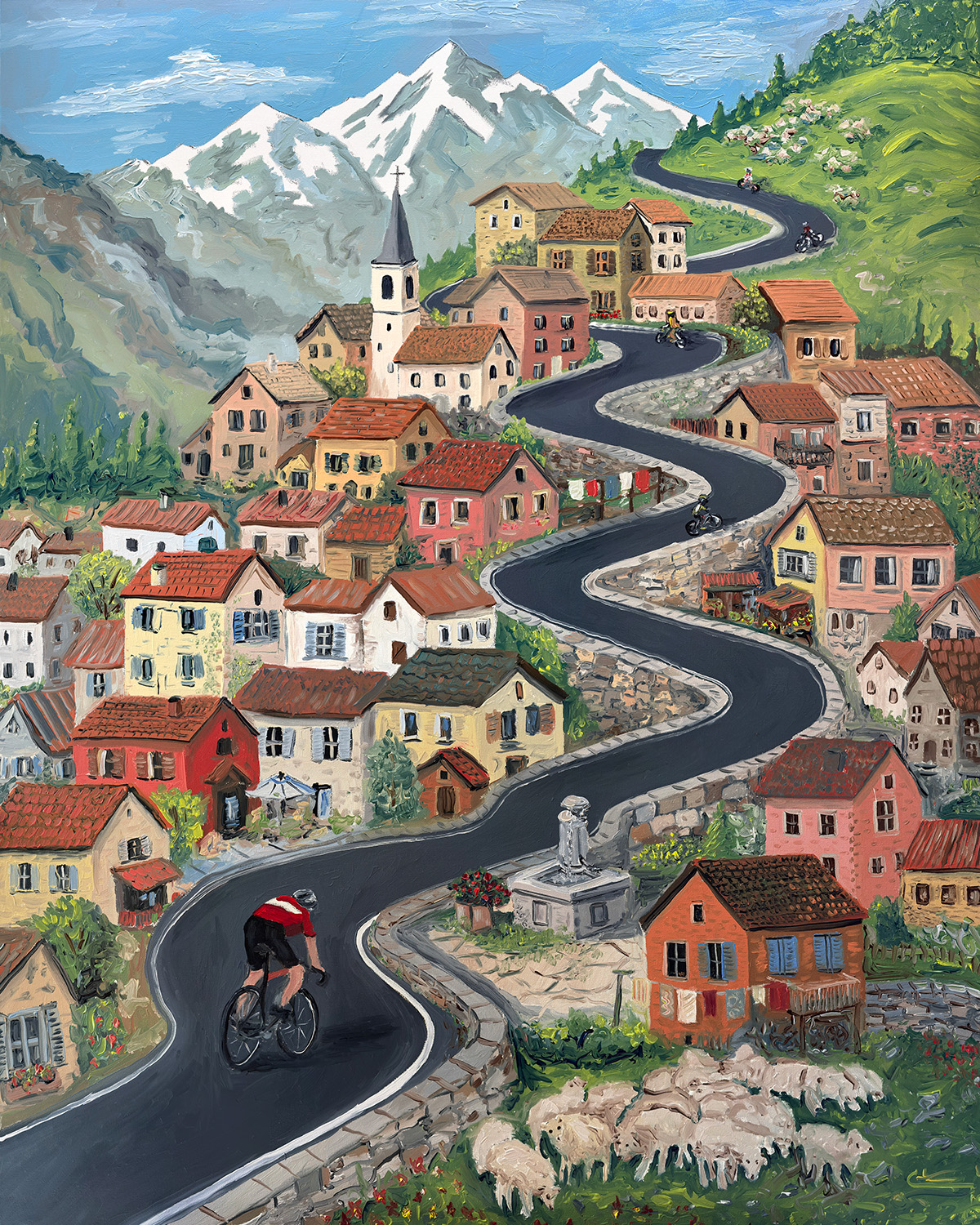 Alpine Ascent - original cycling oil painting, unique gift for cyclists